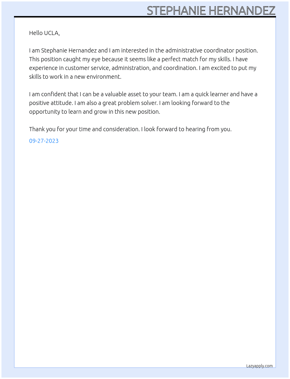 administrative coordinator At UCLA Cover Letter