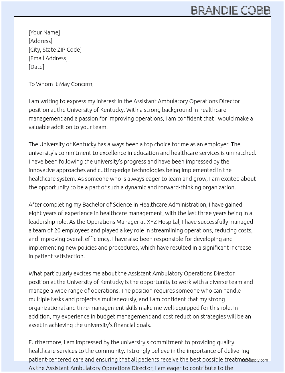 Assistant Ambulatory Operations Director At University of Kentucky Cover Letter