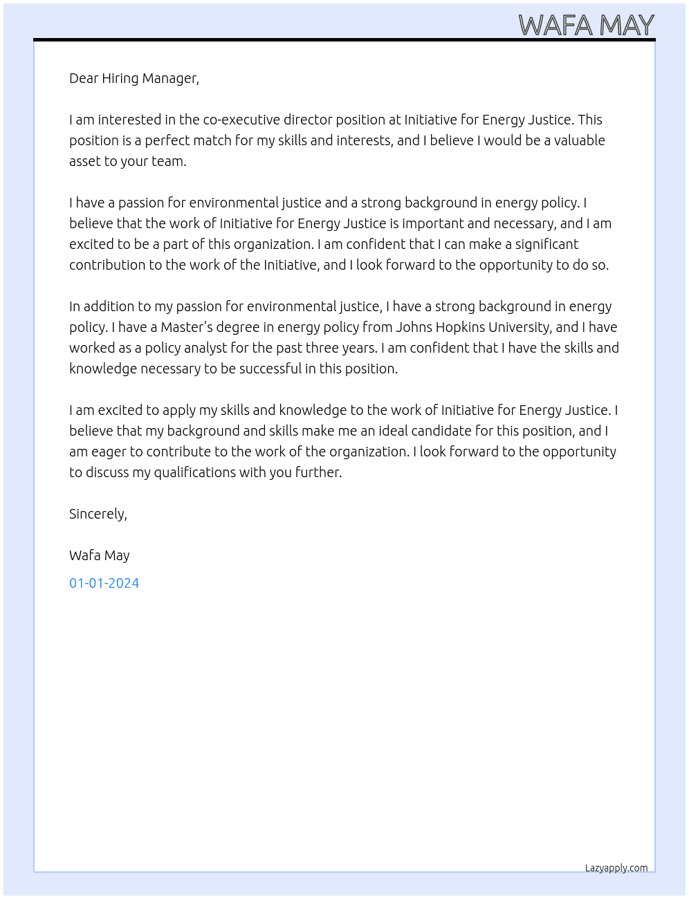 co-executive director At Initiative for Energy Justice  Cover Letter
