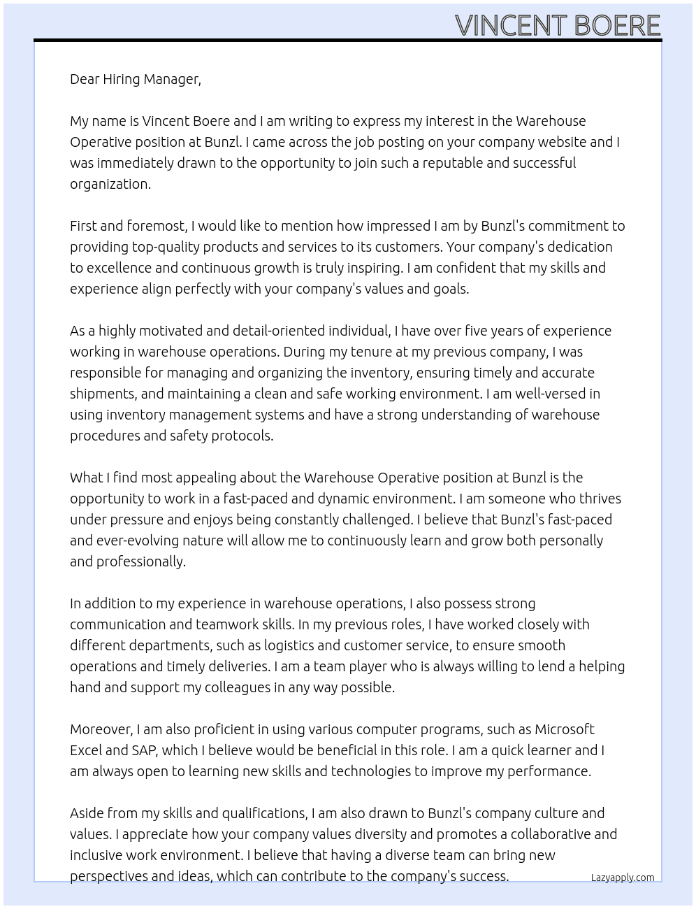 Warehouse Operative At Bunzl Cover Letter