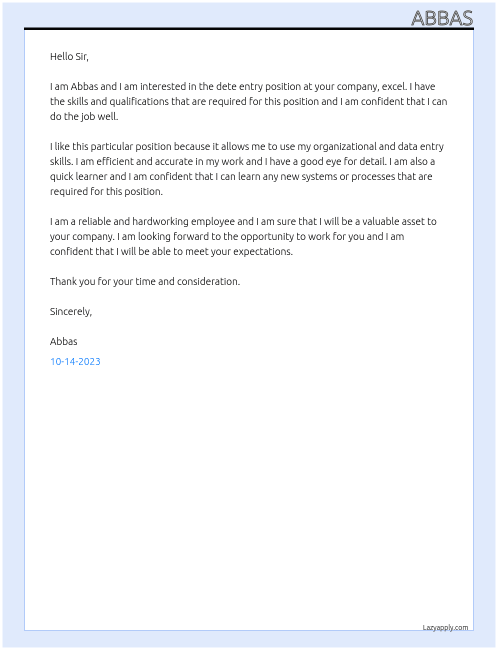 dete entry At excel Cover Letter
