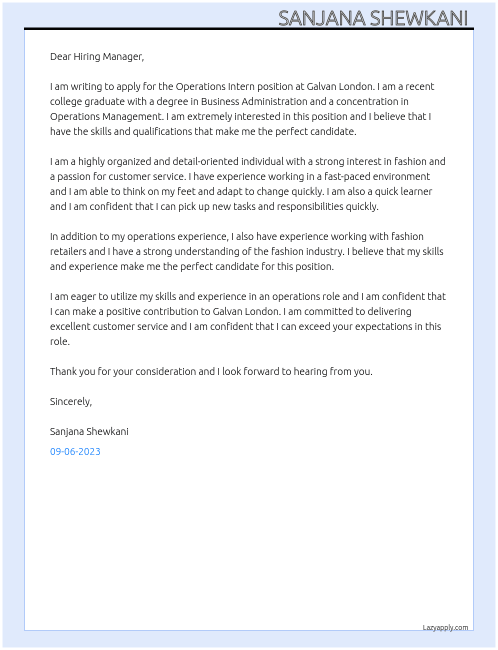 Operations Intern At Galvan London Cover Letter