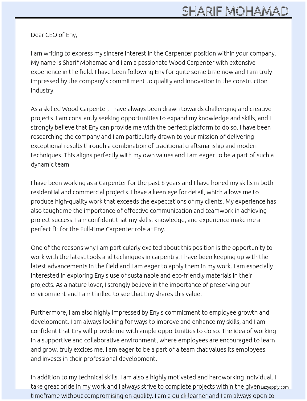 Carpenter  At Eny Cover Letter