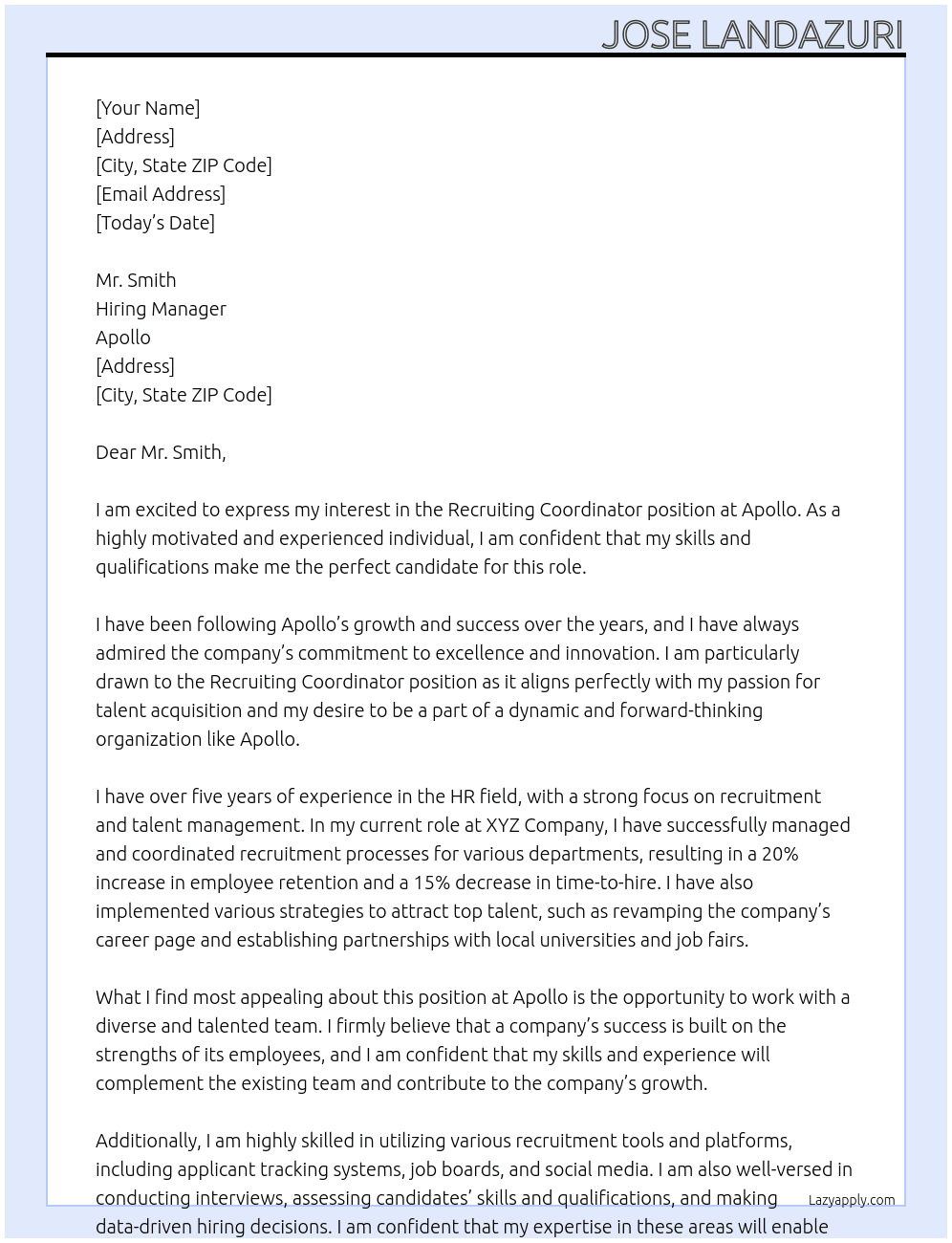 recruiting coordinator At Apollo Cover Letter