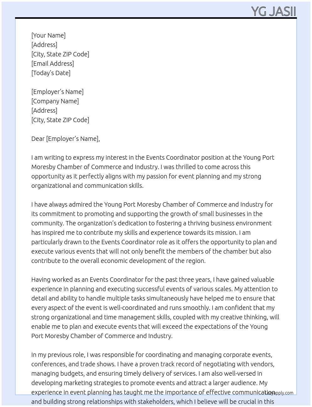 Events Coordinator At Young Port Moresby Chamber of Commerce and Industry Cover Letter