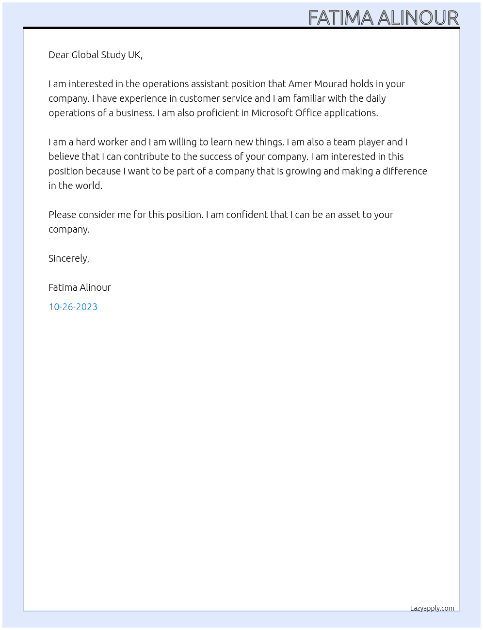 operations assistant  At Global Study UK Cover Letter