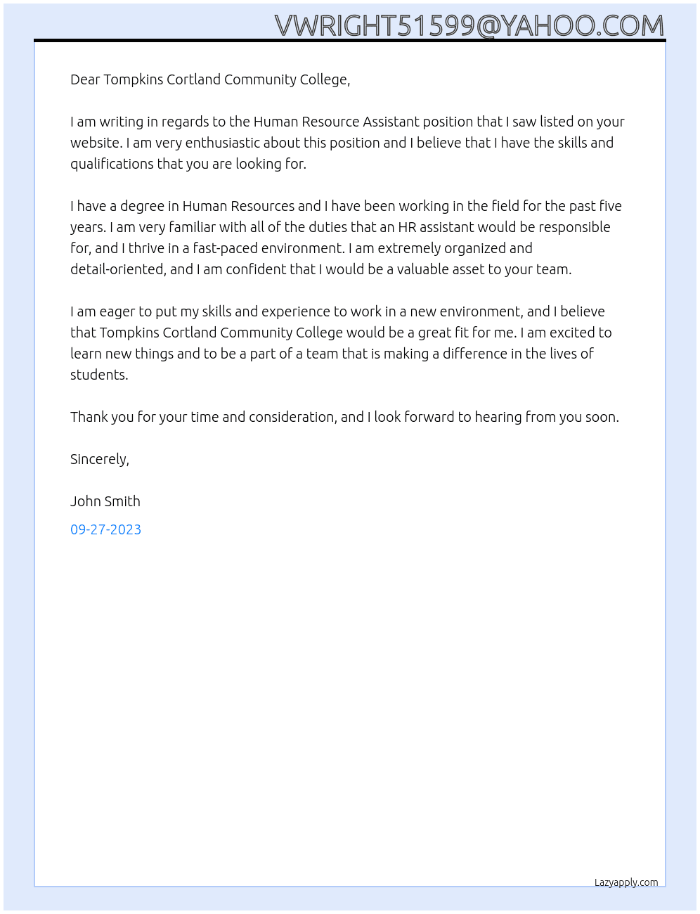 Human Resource Assistant At Tompkins Cortland Community College Cover Letter