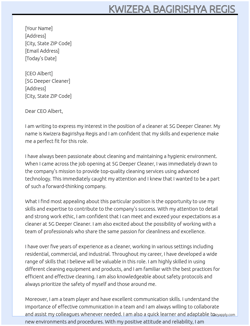 a cleaner At 5G deeper cleaner Cover Letter