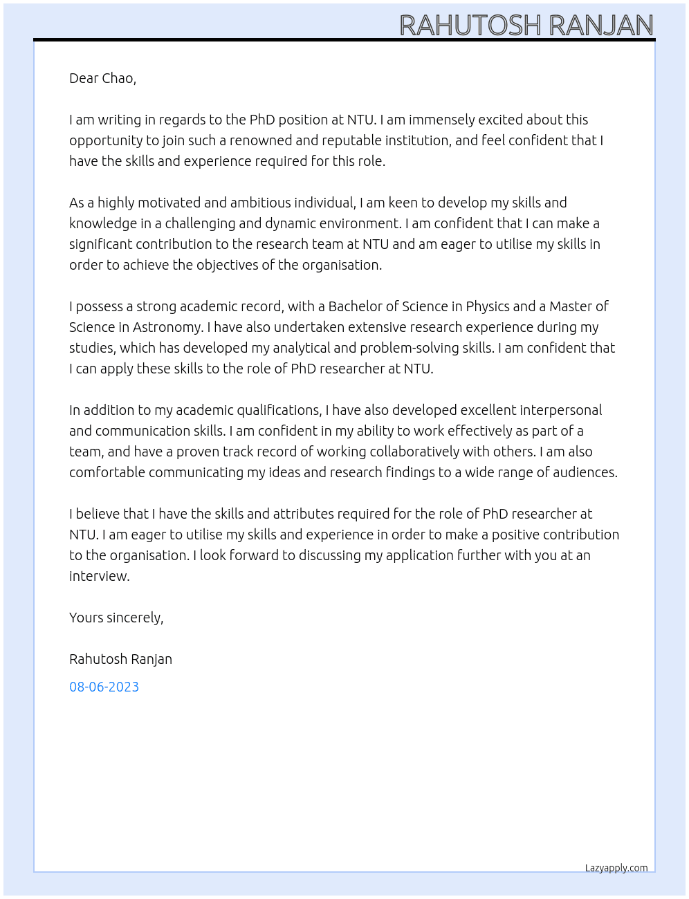 PhD  At NTU Cover Letter