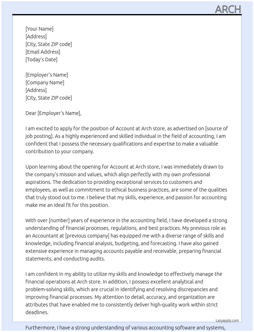 Account  At Arch store Cover Letter