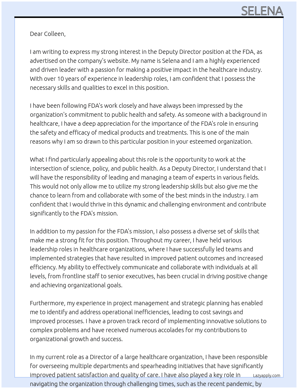 Deputy Directo At FDA Cover Letter