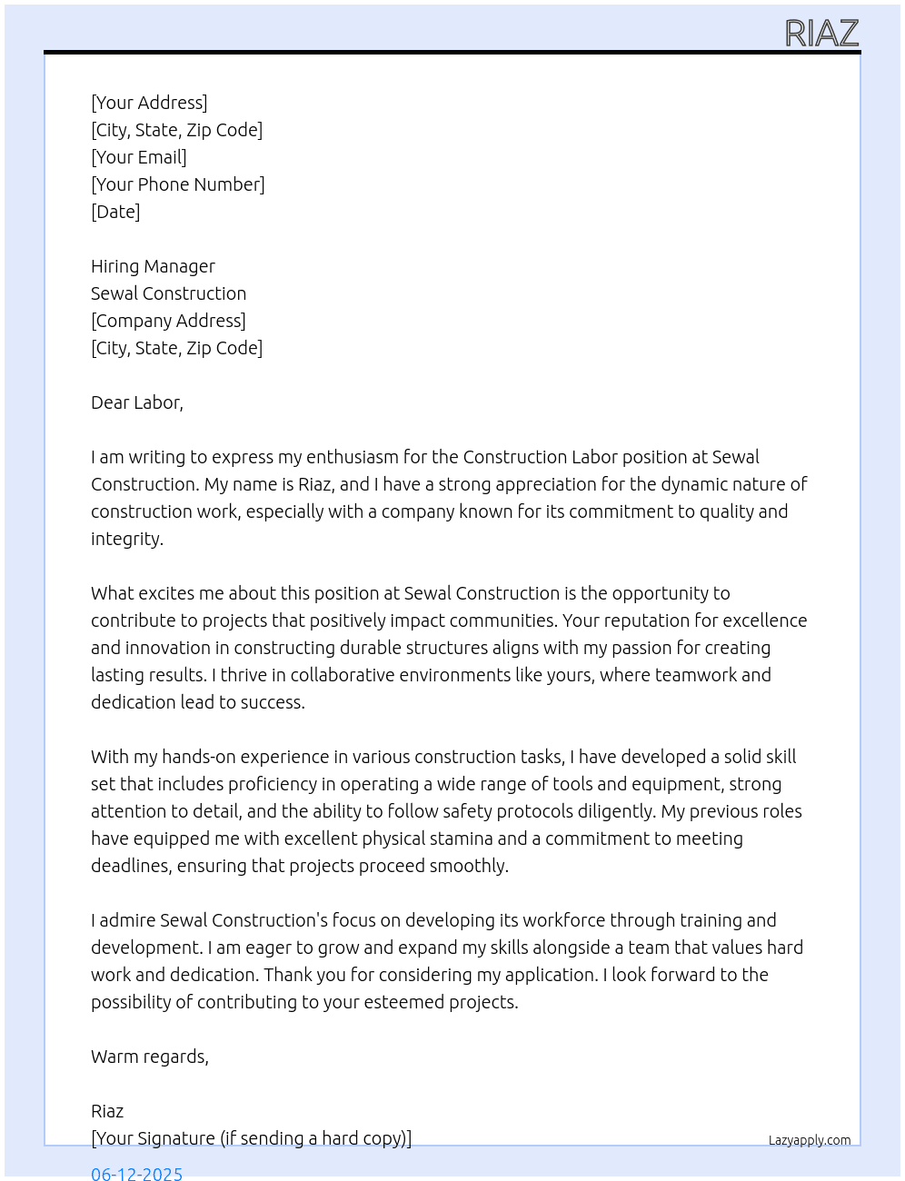 Cover letter for construction labor - LazyApply