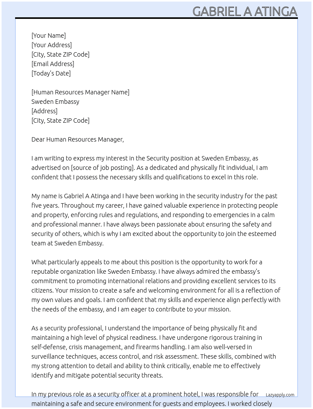 Security  At Sweden embassy  Cover Letter