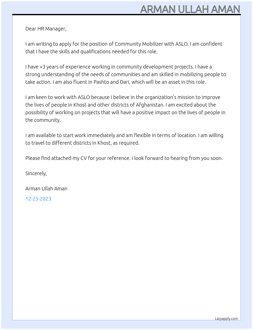 Community mobilizer  At ASLO Cover Letter