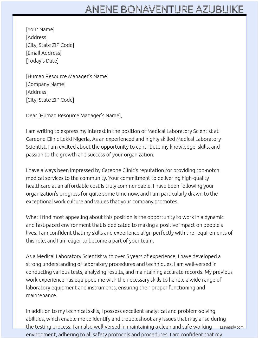 Medical laboratory scientist  At Careone clinic lekki Nigeria  Cover Letter