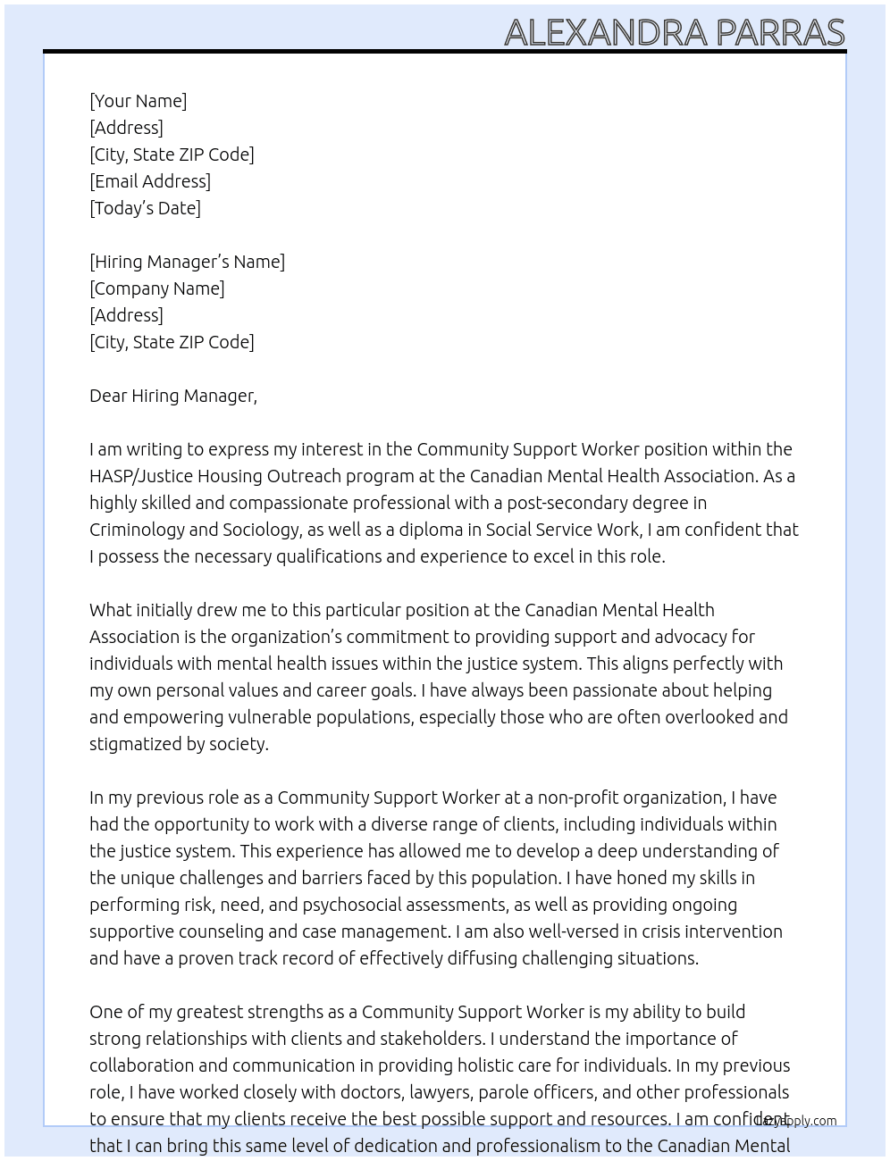 Cover letter for community support worker - hasp/justice housing - outreach - LazyApply