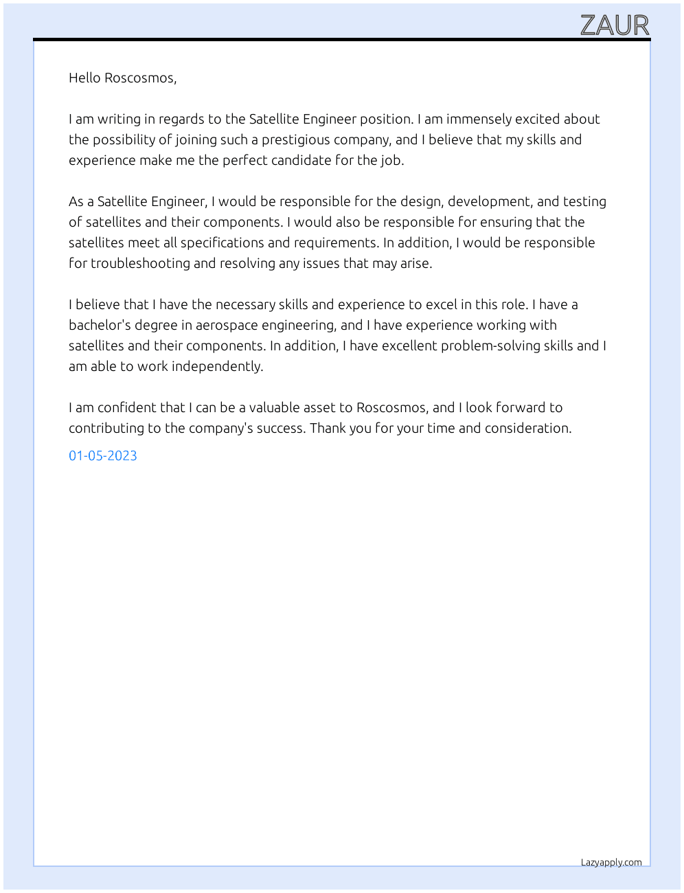 Cover letter for satellite engineer - LazyApply