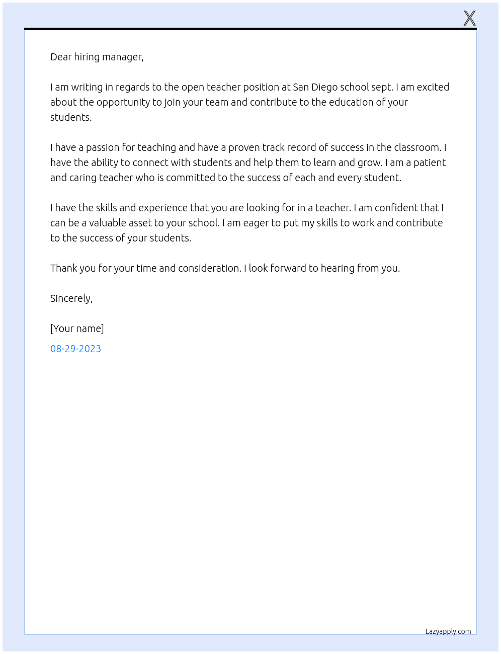 Teacher At San Diego school sept  Cover Letter