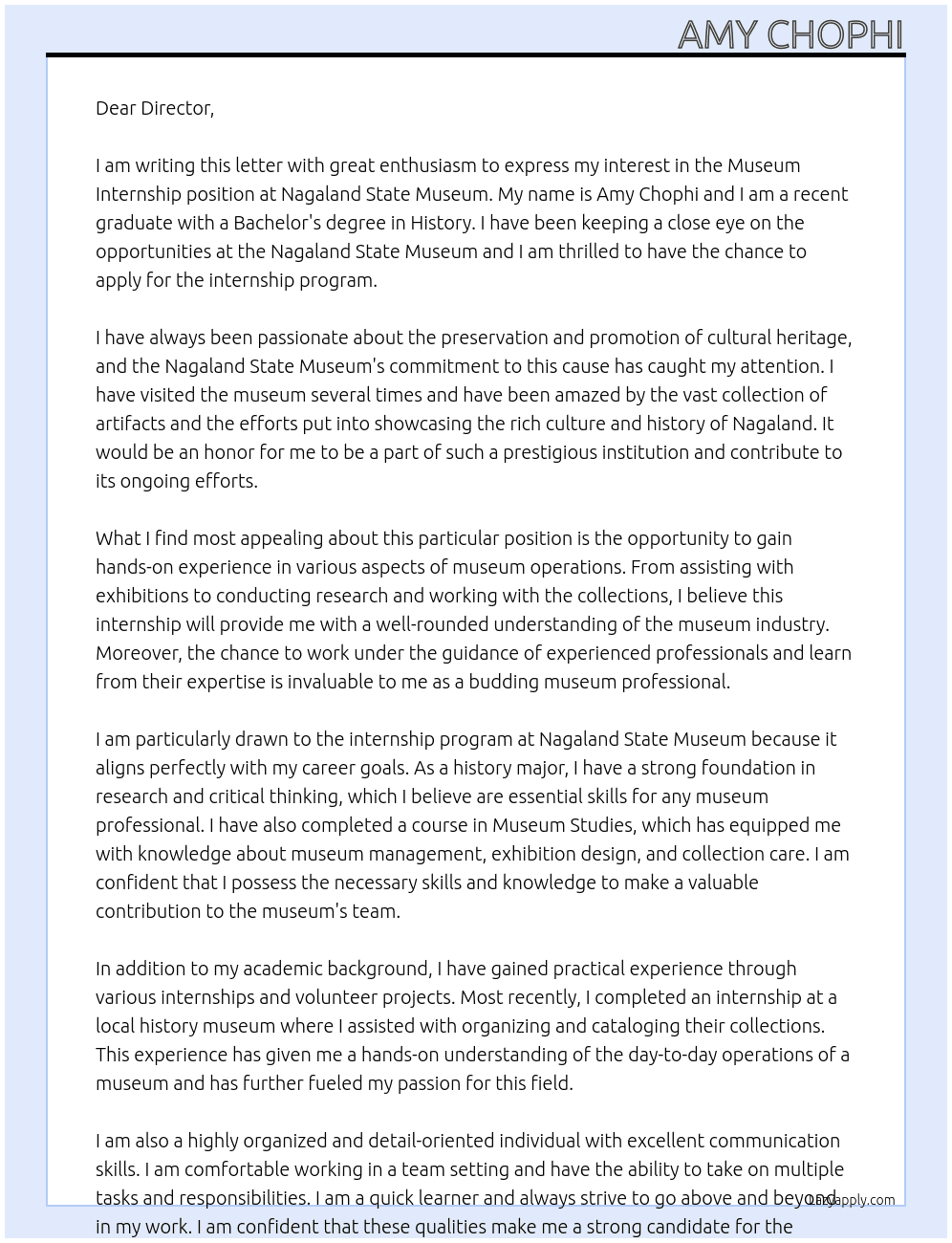 Museum internship  At Nagaland State museum  Cover Letter