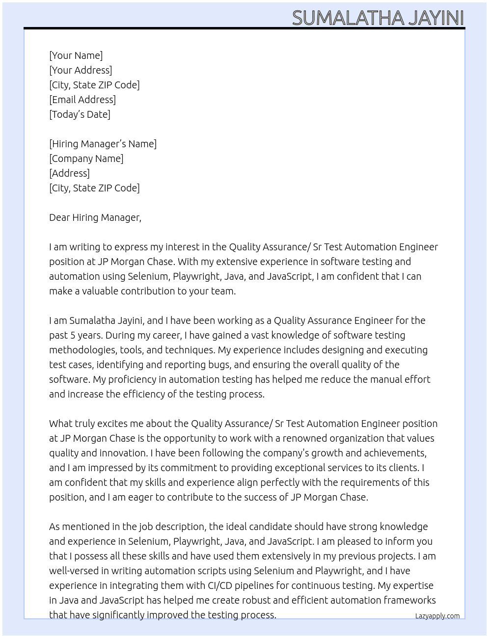 Cover letter for quality assurance/ sr test automation engineer - LazyApply