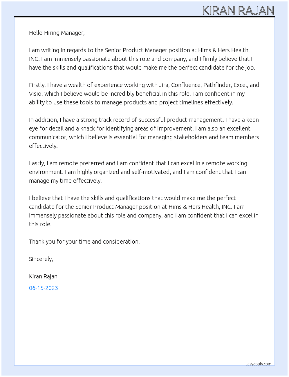 Senior Product Manager At Hims & Hers Health, INC Cover Letter