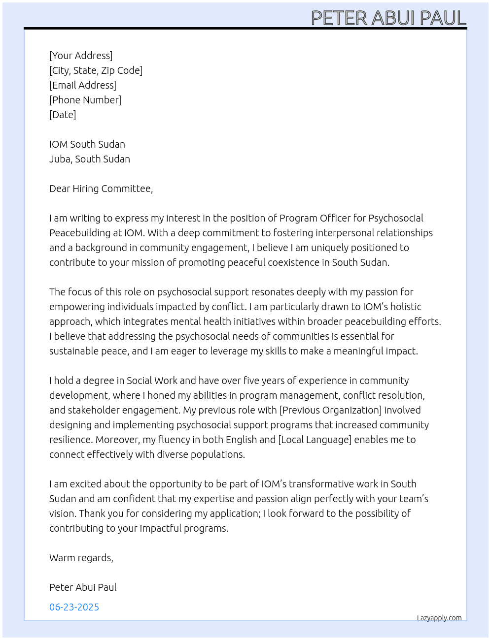 Program Officer Psychosocial peacebuilding At IOM Cover Letter