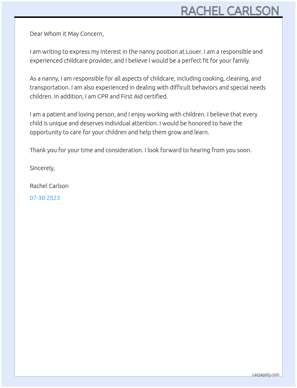 Nanny At Louer Cover Letter