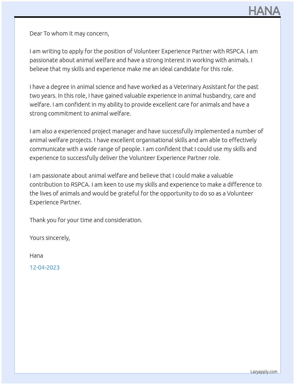 Volunteer Experience Partner At RSPCA Cover Letter