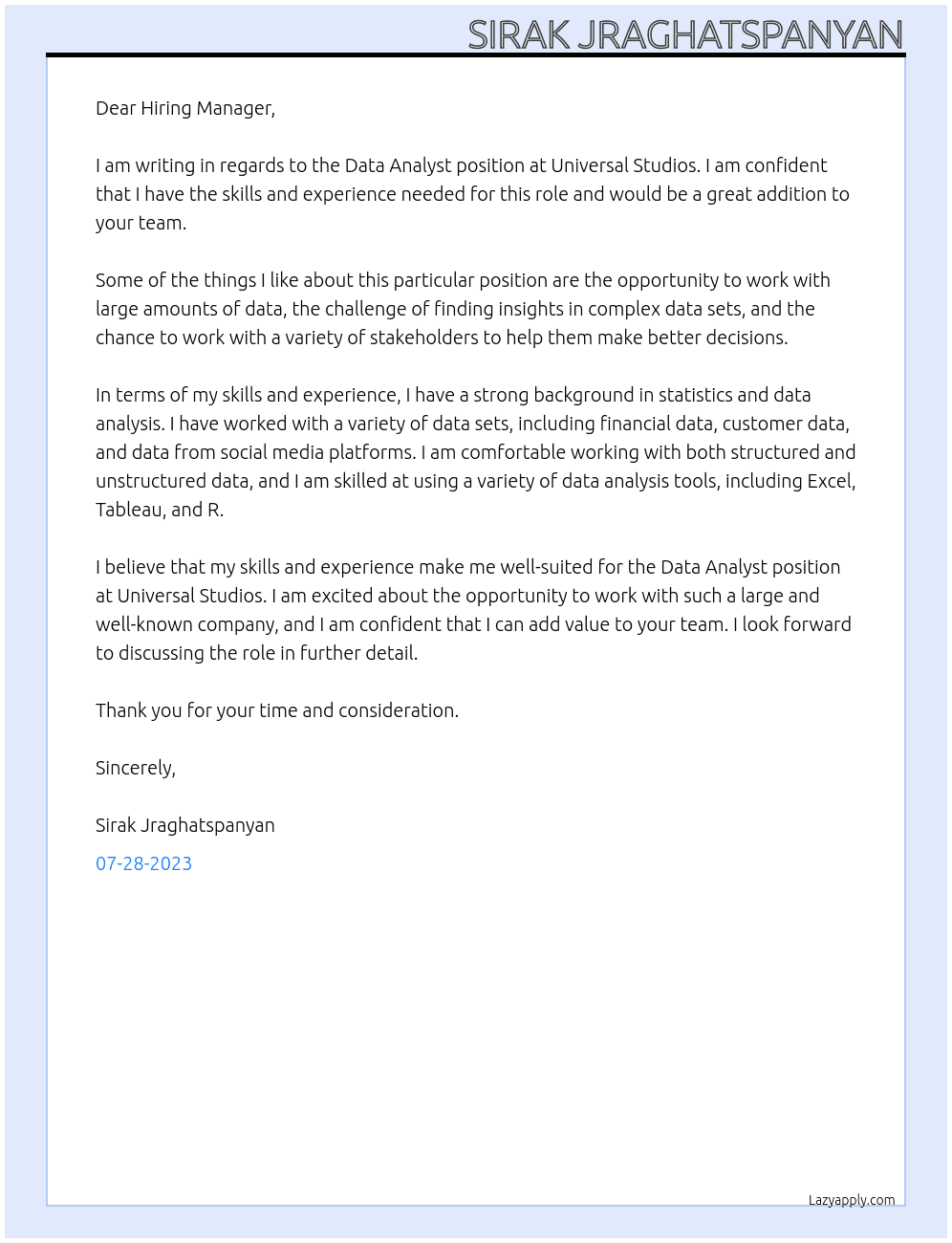 Data Analyst At Universal Studios Cover Letter