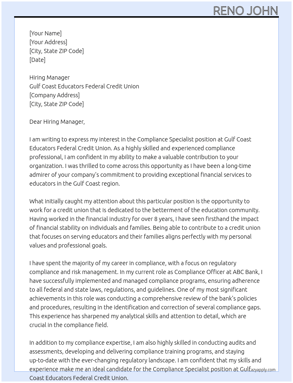 Compliance Specialist At Gulf Coast Educators Federal Credit Union Cover Letter