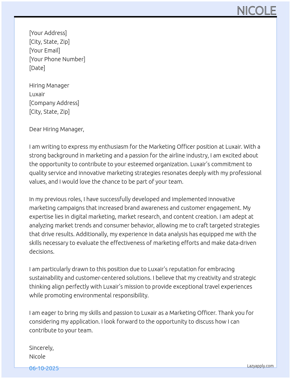 Marketing Officer At Luxair Cover Letter