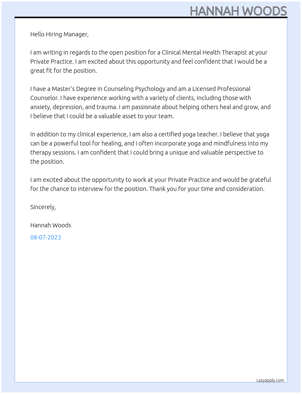 Clinical Mental Health Therapist At Private Practice Cover Letter