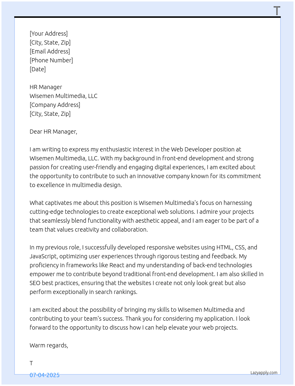 Web Developer At Wisemen Multimedia, LLC Cover Letter