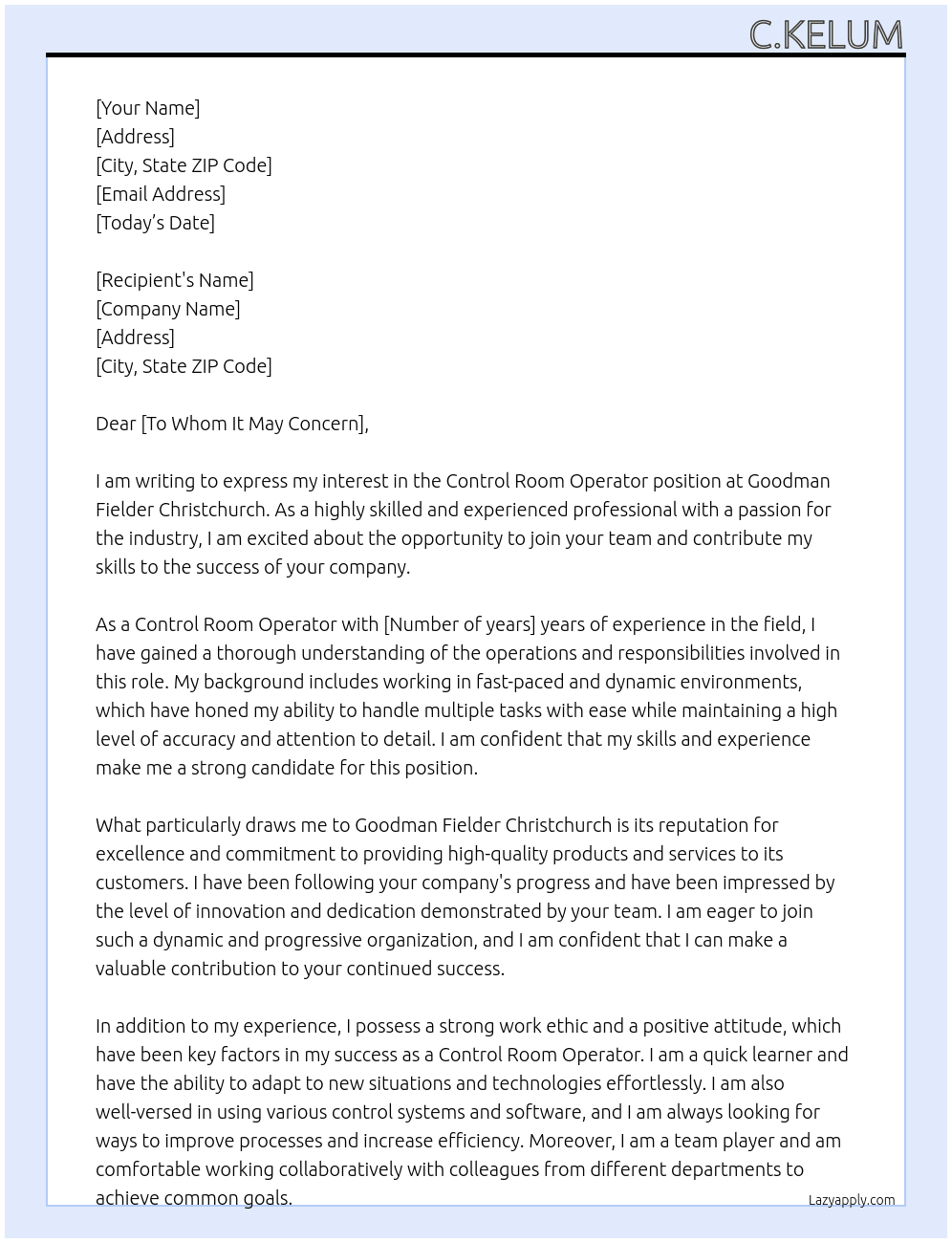 Control Room Operator  At goodman fielder christchurch  Cover Letter
