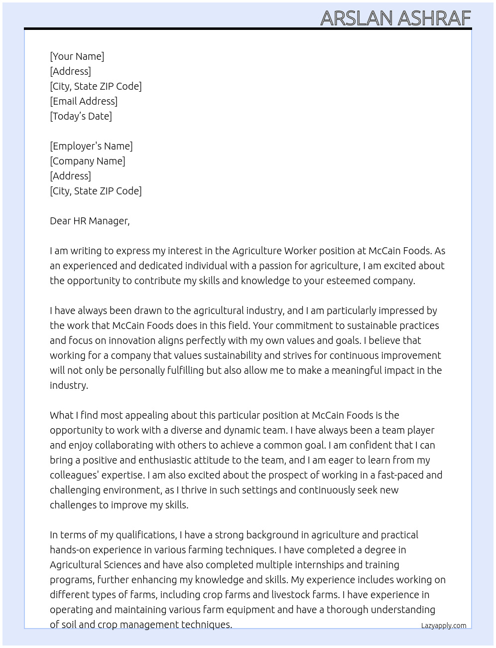 Agriculture Worker At McCain Foods Cover Letter