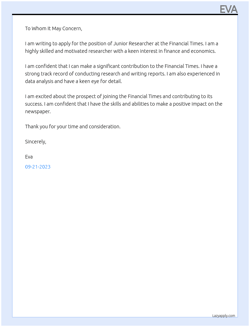 Junior researcher At Financial Times Cover Letter