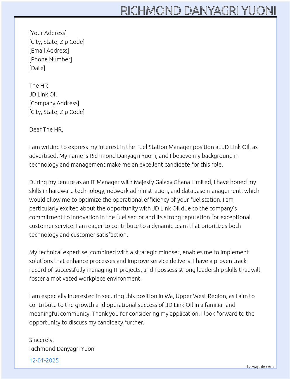  Fuel Station Manager At JD Link Oil  Cover Letter