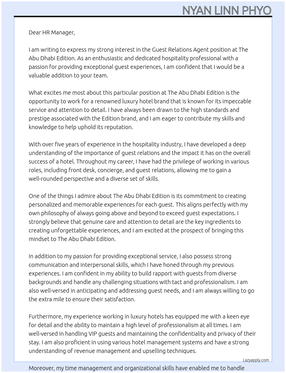 Guest Relations Agent At The Abu Dhabi Edition Cover Letter