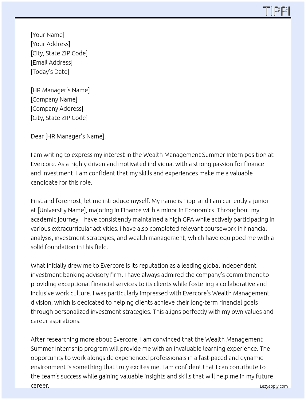 Wealth Management Summer Intern At Evercore Cover Letter