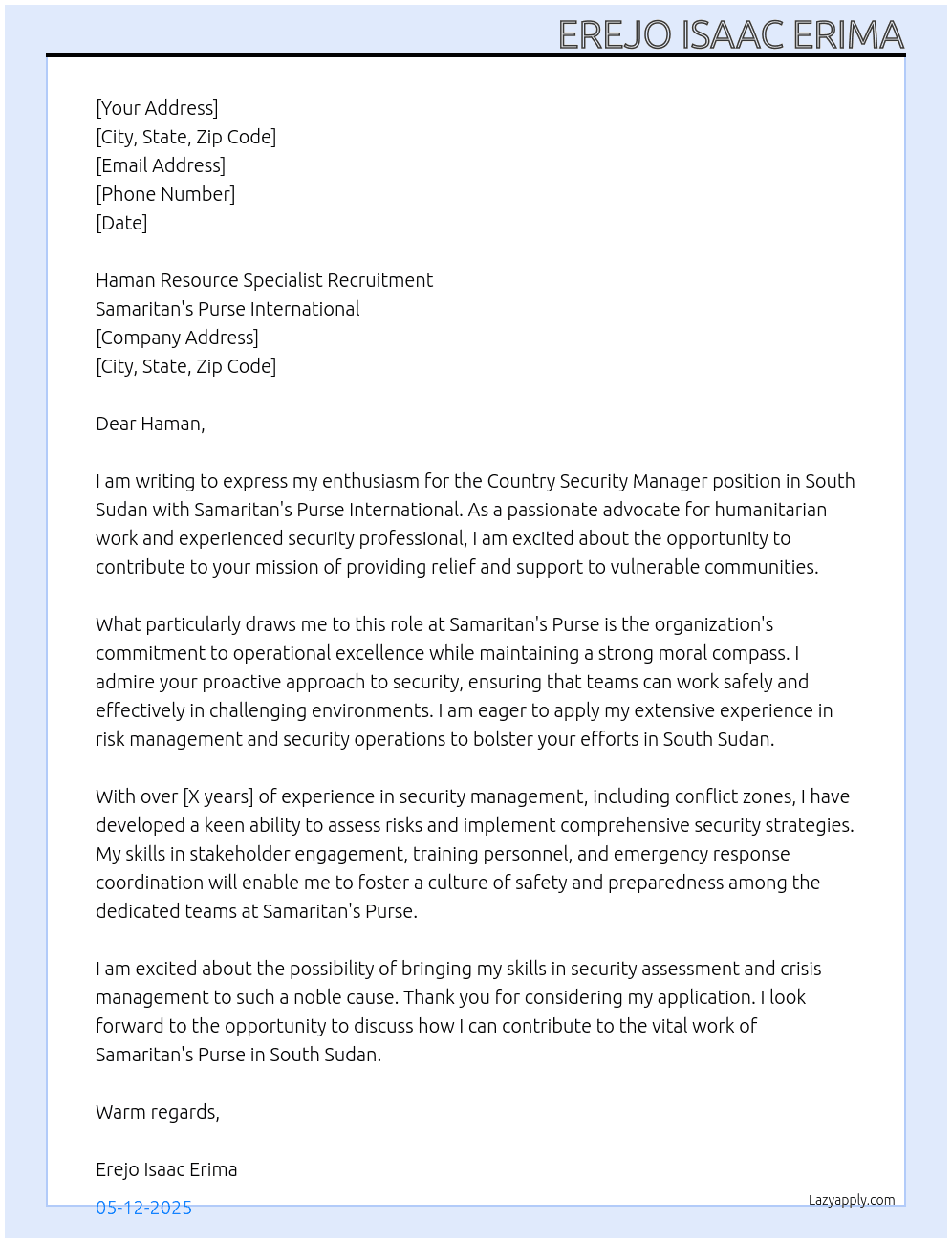 Country Security Manager - south sudan At Samaritan's purse international  Cover Letter