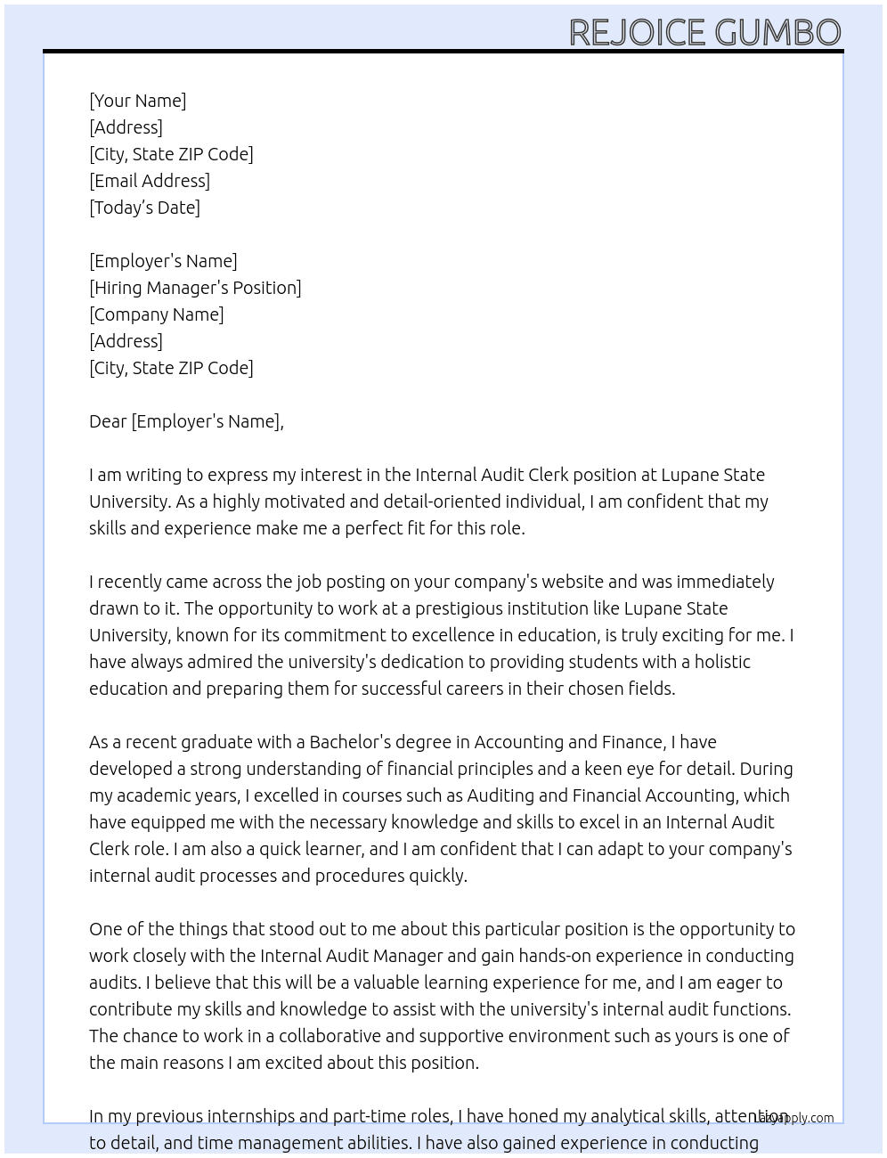 Internal Audit Clerk At Lupane State University Cover Letter