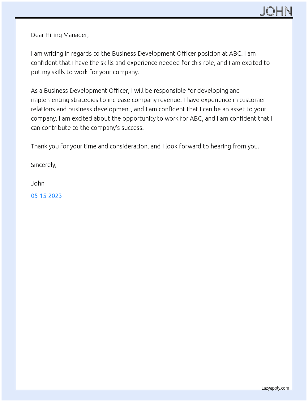 business development officer At abc Cover Letter