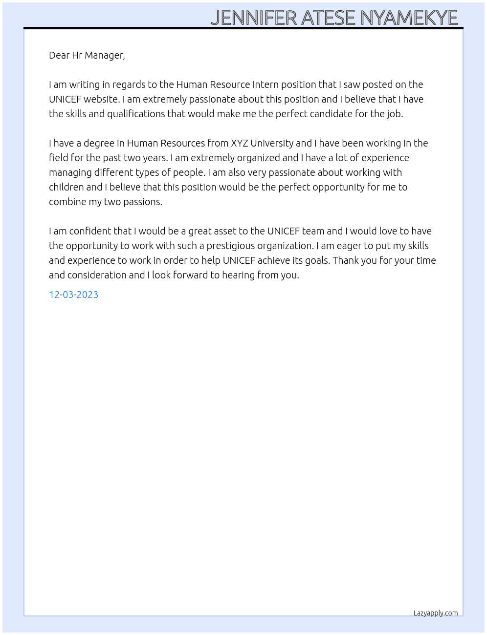 Human Resource Intern At UNICEF Cover Letter