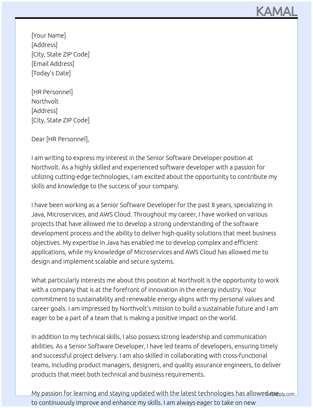 Senior Software Developer At Northvolt Cover Letter