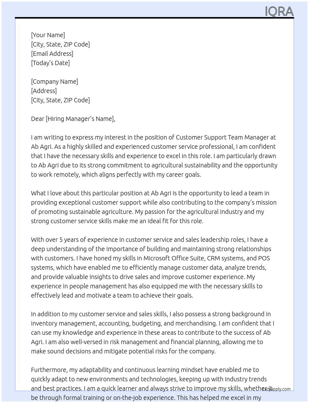 Customer support team manager At Ab agri Cover Letter