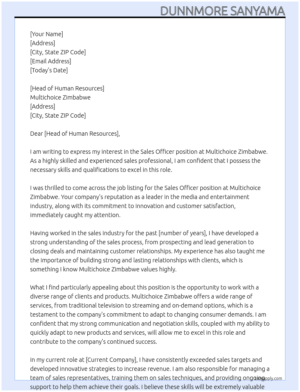 Sales officer At Multichoice Zimbabwe Cover Letter