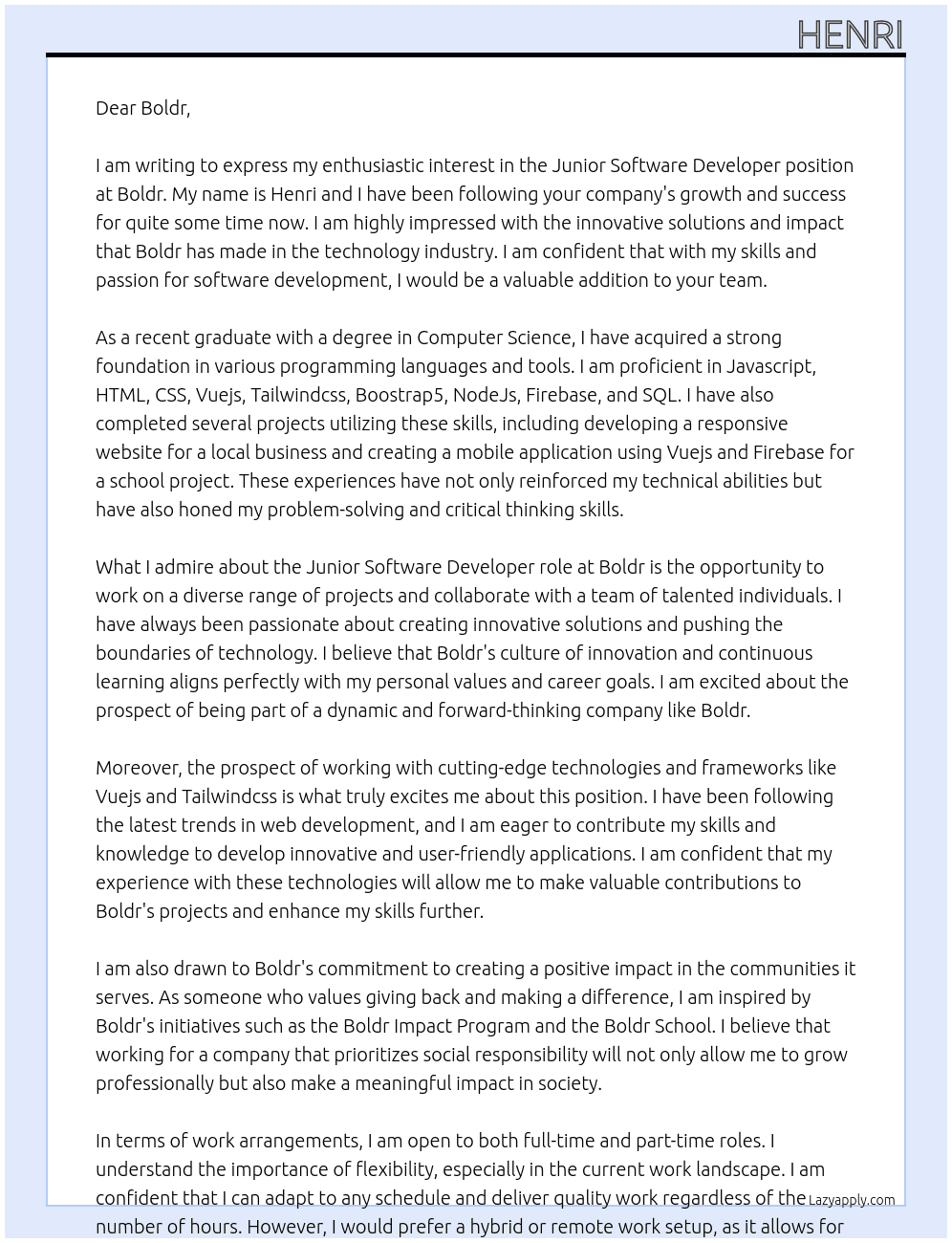 Junior Software Developer At Boldr Cover Letter