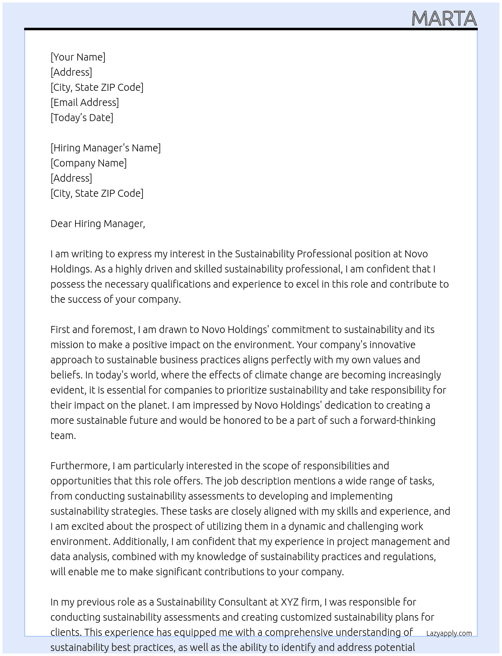 Sustainability professional At Novo holdings Cover Letter