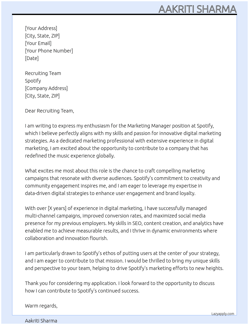 Marketing Manager  At Spotify Cover Letter