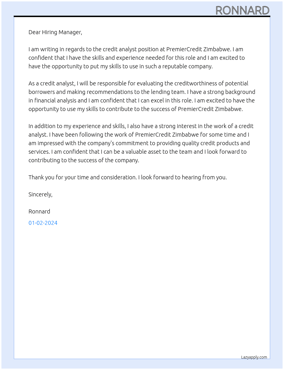 Credit analyst At PremierCredit Zimbabwe Cover Letter
